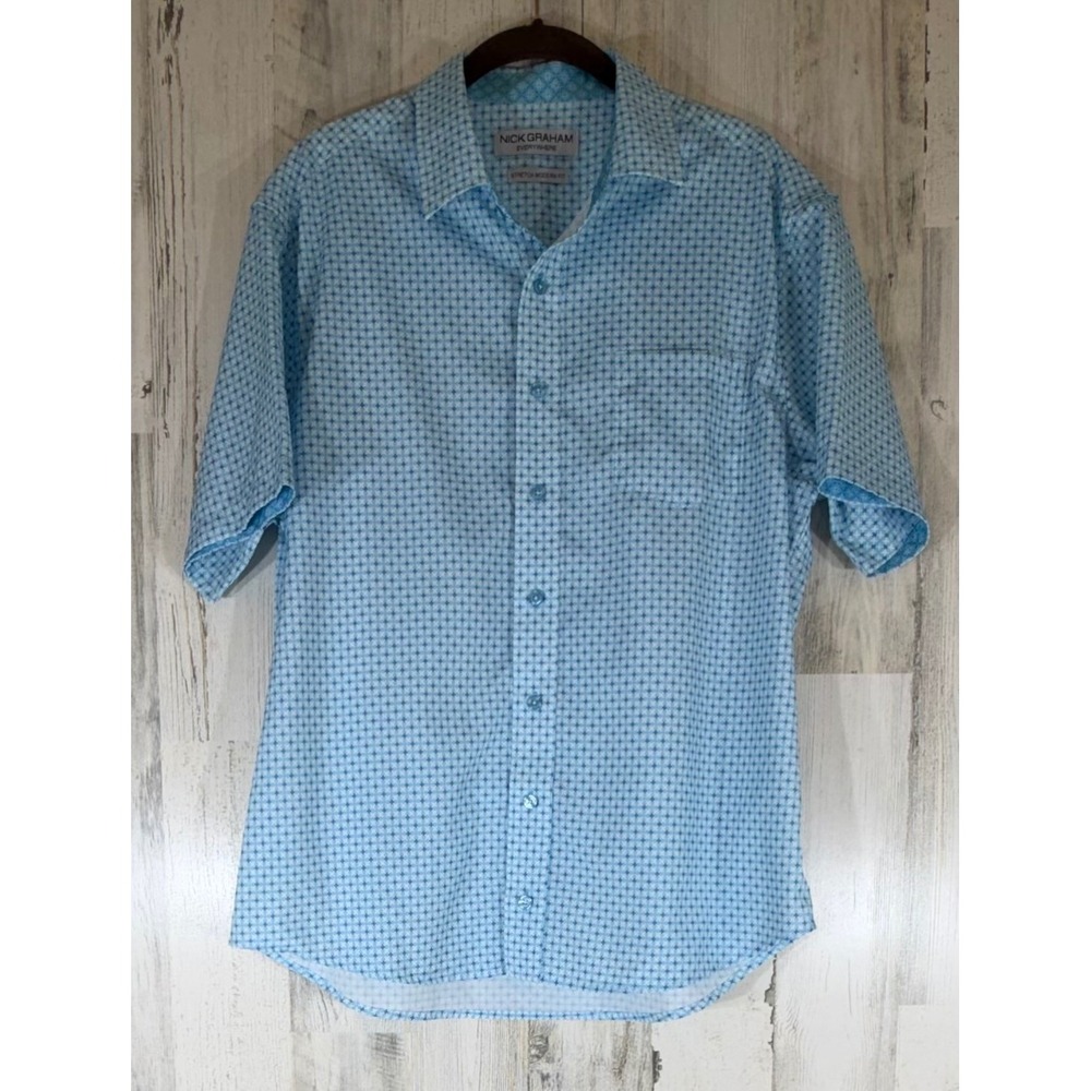 Nick Graham Button Down Shirt Large Blue Geometric Stretch Modern Fit